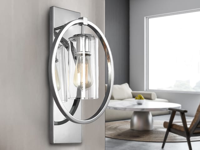 Meinewunschleuchte - Markante Wandleuchte aus massivem Stahl in Chrom mit Glas, Höhe 46cm