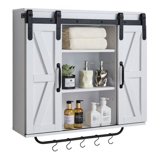Badezimmer Wandschrank Medizinschrank Mit 2 Schiebetüren & Verstellbaren Regalen, Aufbewahrungsschrank Hängeschrank Mit Offener Trennwand / Handtuchhalter / Haken Für Küche, Toilette