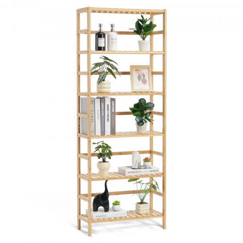 Bücherregal Mit 6 Ablagen Aus Bambus, Aufbewahrungsregal, Freistehender Multifunktionaler Blumenpflanzenständer Aktenregal Ideal Für Badezimmer Schlafzimmer Büro Arbeitszimmer Naturfarbe