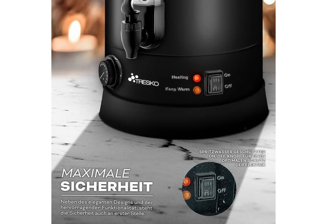 TRESKO® Glühweinkocher Schwarz 6,8L / 1500W Einkochautomat aus Edelstahl Glühweinkessel Glühweinautomat Heißgetränkeautomat Heißwasserspender