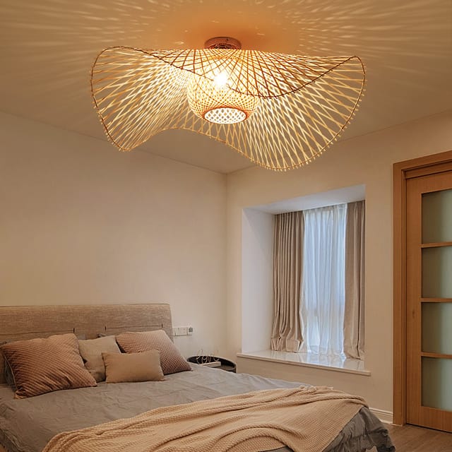 Deckenleuchte, Retro-Kronleuchter, natürliches Bambuslicht und Rattan-Deckenlampe, Vintage, E27, handgewebte Deckenbeleuchtung für Schlafzimmer,