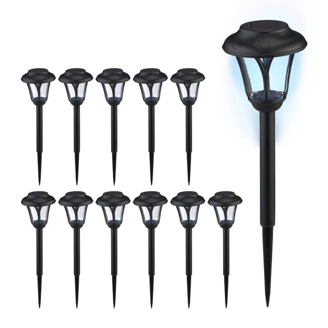 Solarlampen 12er Set, led Solarlicht mit Erdspieß, hd: 39 x 11 cm, moderne Gartenbeleuchtung, draußen, schwarz - Relaxdays