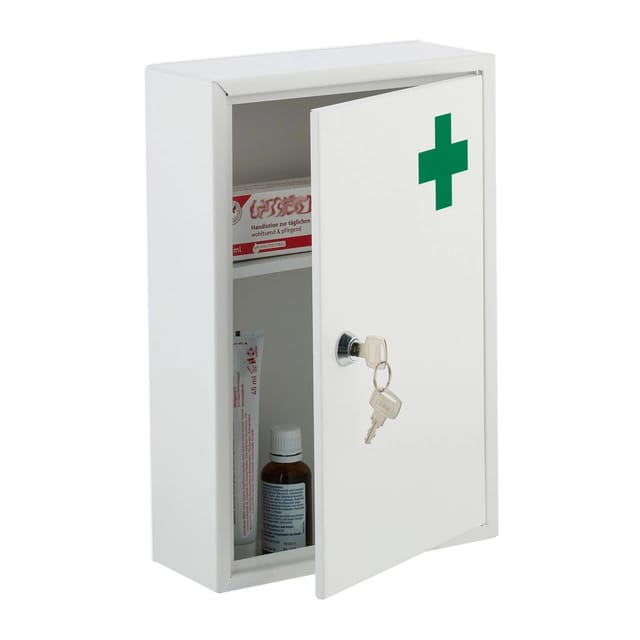 Medizinschrank, abschließbar, 2 Fächer, HxBxT: 32 x 21,5 x 8 cm, für Medikamente, Arzneischrank hängend, weiß - Relaxdays