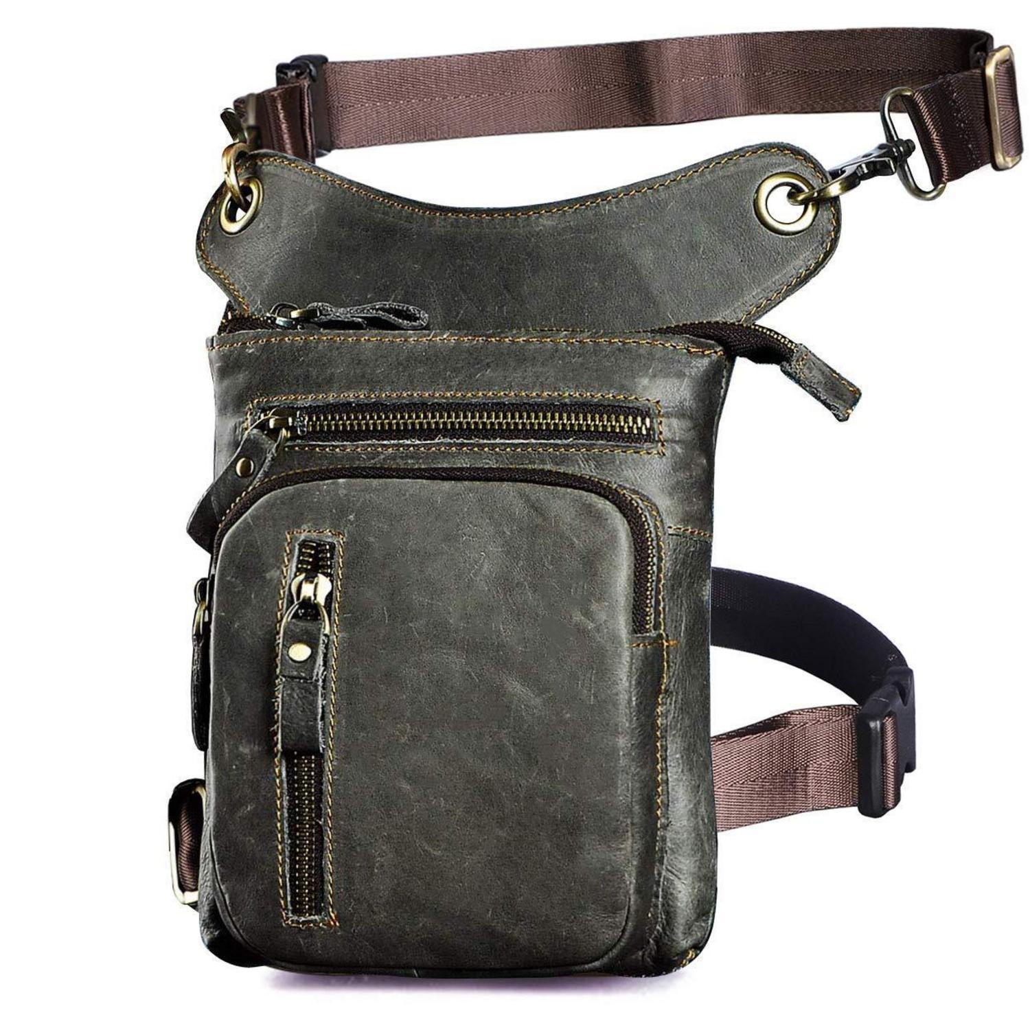 Herren Leder Motorrad Hüfttasche Umhängetasche Drop Leg Bag Grau