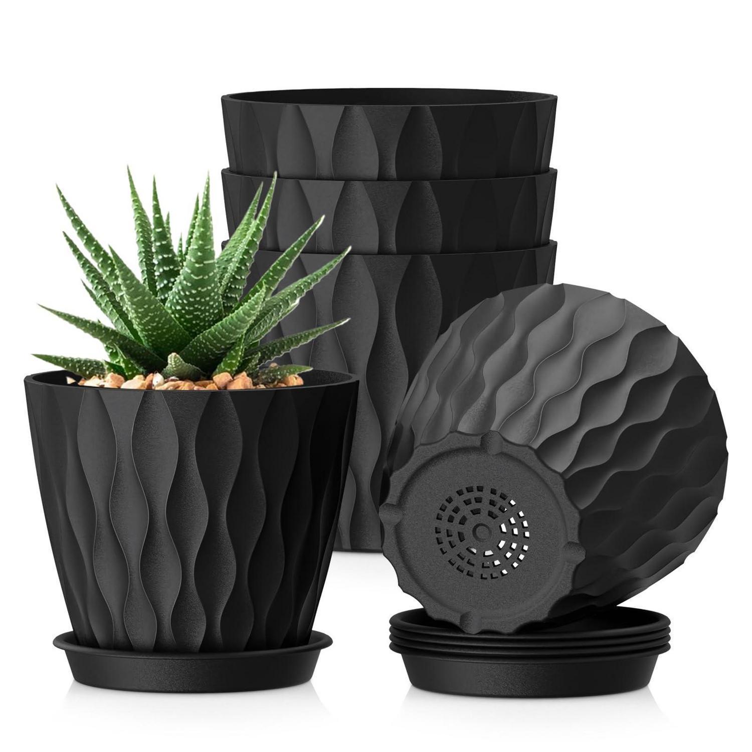 Blumentopf 5er Set Ø 15 Cm Mit Untersetzer, Abflusslöchern, 3d-wellenstruktur, Schwarz