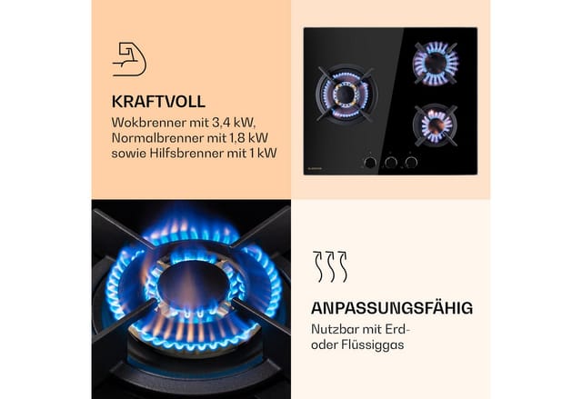 Klarstein Gasherd, Gaskochfeld 3 Flammig, Einbau-Gaskocher für Zuhause & Wohnmobil, Campingkocher mit Glasplatte, Gasherd für Propan- und Erdgas,