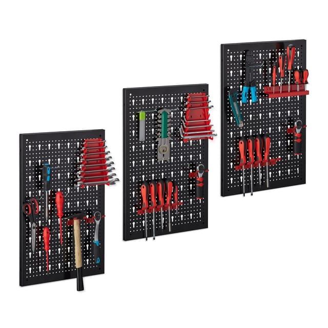 Werkzeugwand Metall, 25-teiliges Zubehör-Set, HxBxT: 60 x 118 x 2 cm, 3 Lochwände, Wandmontage, schwarz/rot - Relaxdays