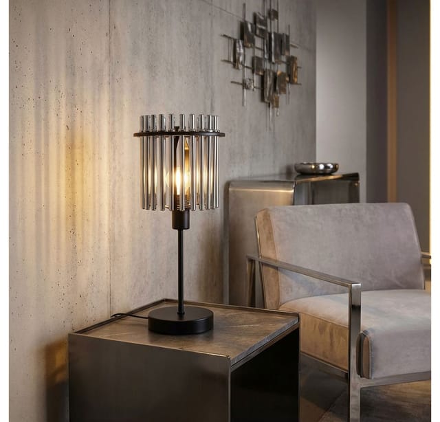 Led Tischleuchte Beistelllampe Schlafzimmerlampe Nachttischlampe Tischlampe, Metall schwarz Glasstäbe rauchfarben, 1x E14 Filament led warmweiß, h