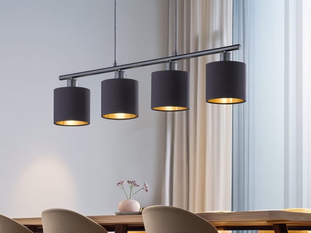 Meinewunschleuchte - led Pendelleuchte 4-flammig Stoff Lampenschirme Schwarz/Gold, Breite 75cm