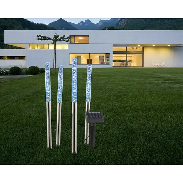 4 rgb led Solarstäbchen mit Erdspieß & separatem Solarpanel für den Außenbereich