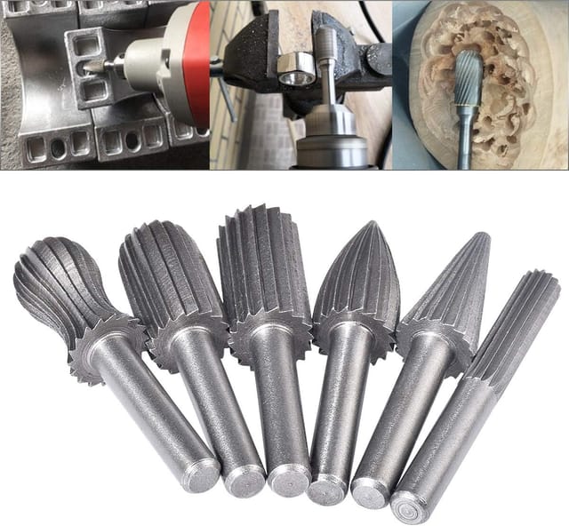 WAY - 6-teiliges Wolfram-Frässtift-Set, doppelter Schnitt, 6 mm Wolframschaft, Feil-/Gravur-/Schleif-Bits für Rotationswerkzeuge