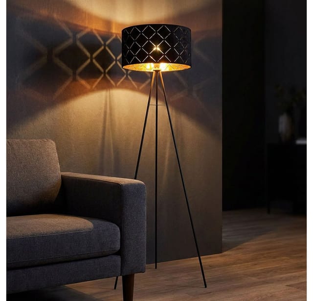 Globo Lighting - led Stehlampe Stehleuchte Beistelllampe Wohnzimmerlampe Schlafzimmerleuchte Stativleuchte, 3 Beine textilschirm schwarz gold, 9W 810