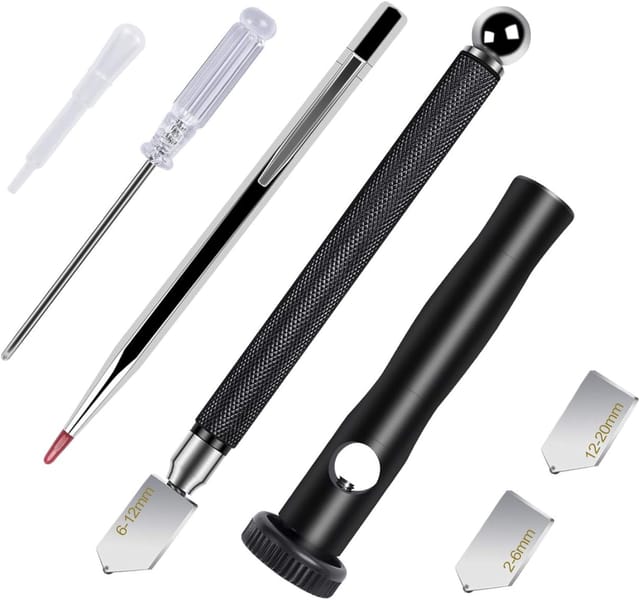 Glasschneider Für 2–20 Mm Glas Mit Ergonomischem Griff – Professioneller Diamantschneider Mit 3 Glasschneidköpfen, Öltropf Und Schraubendreher, Für Präzise Glasschnitte