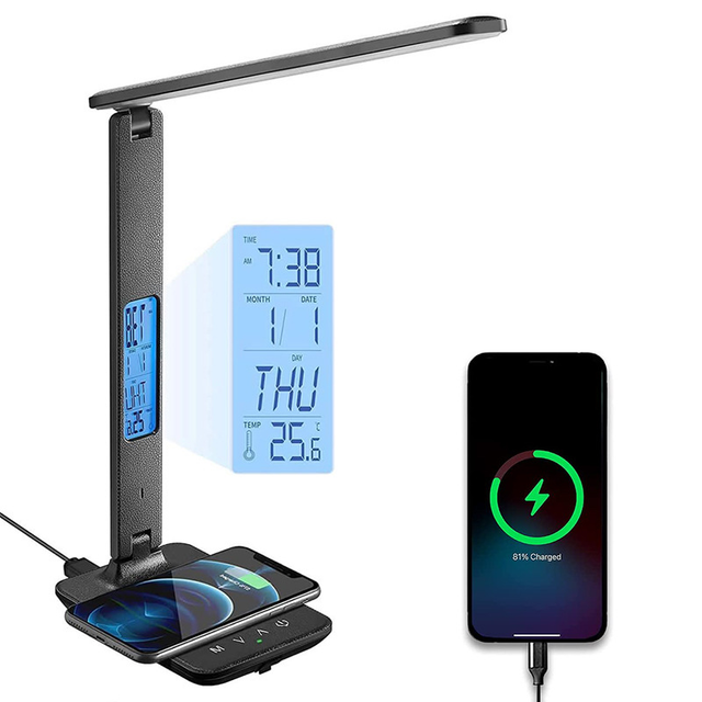 10 W kabellose Lade-Schreibtischlampe, zusammenklappbar, mit USB-Ladeanschluss, Schreibtischlampe mit Uhr, Wecker, Datum, Temperatur, schwarze