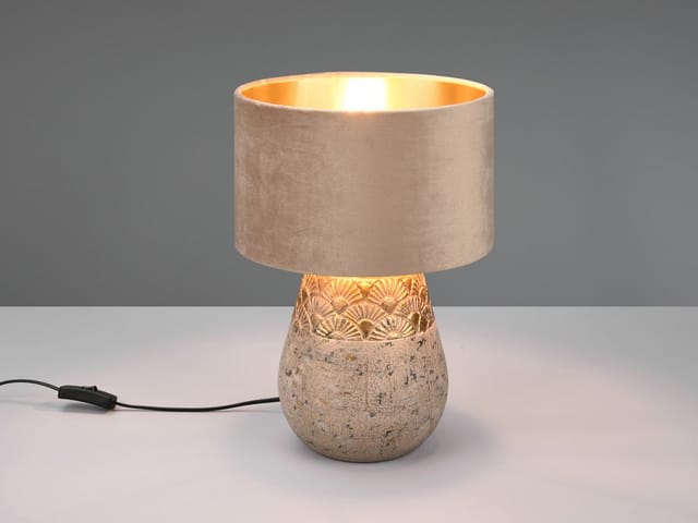 Meinewunschleuchte - led Tischleuchte Keramikfuß Grau mit Samtschirm Beige Gold, Höhe 38cm