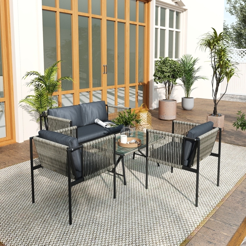 4-teiliges Gartenmöbel-set Mit Glastisch, Kissen, Grau Havrya