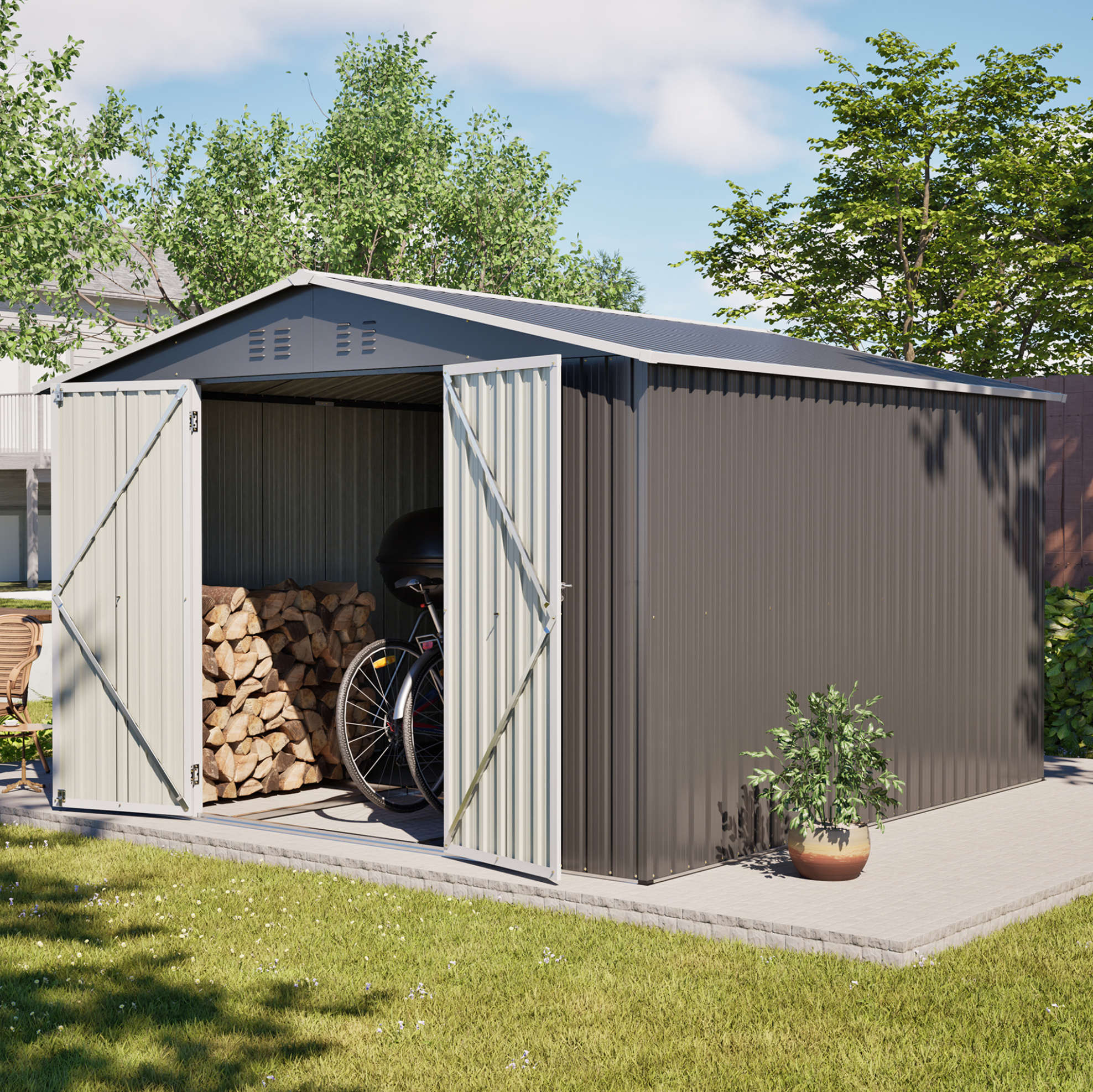 Metall-gartenhaus 300 X 311,4 X 200 Cm Mit Bodenrahmen, Abschließbaren Türen, Grau Havrya