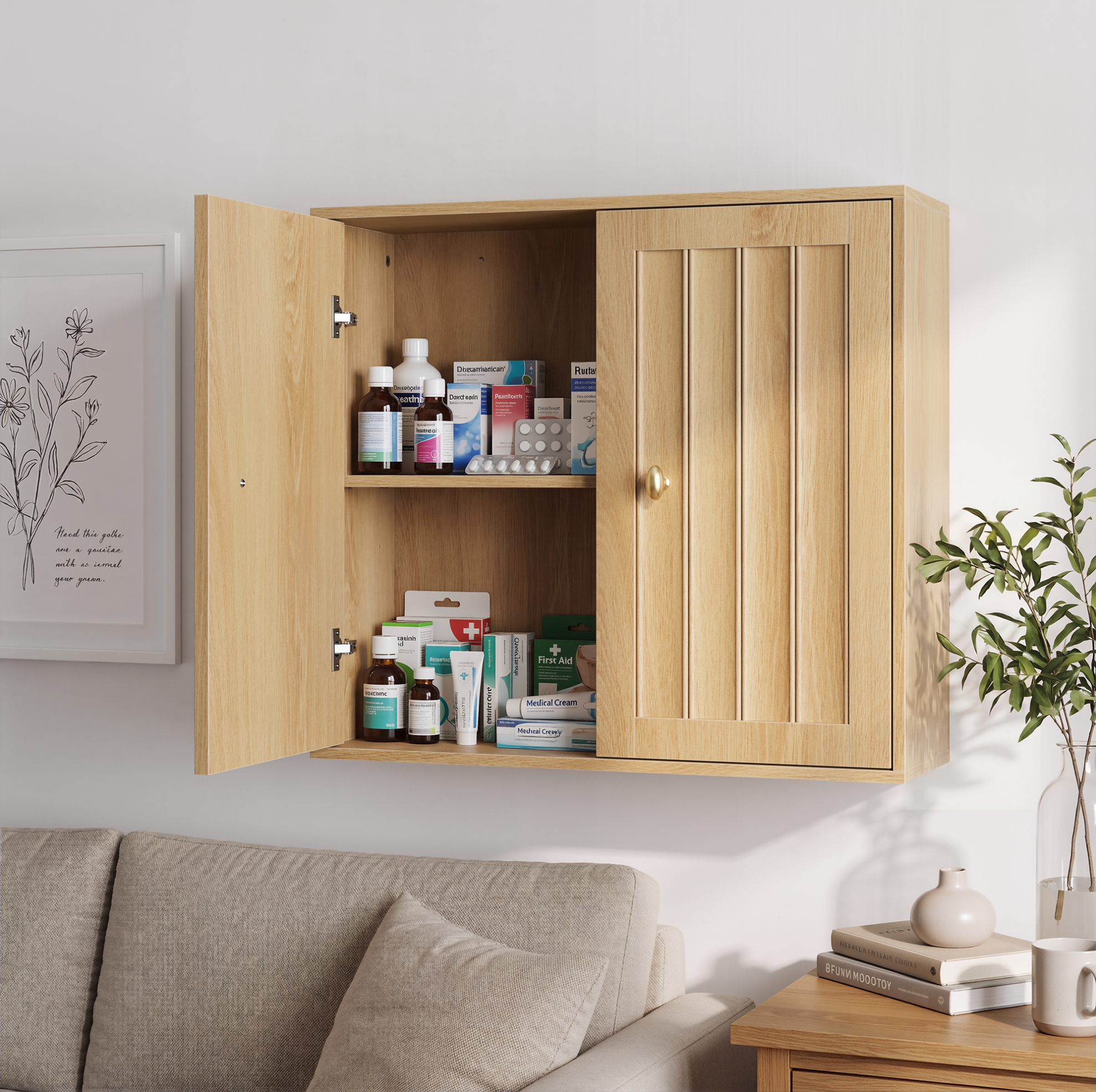 Wand-badezimmerschrank Mit 2 Türen, Eichenoptik, Mdf Und Spanplatte Havrya