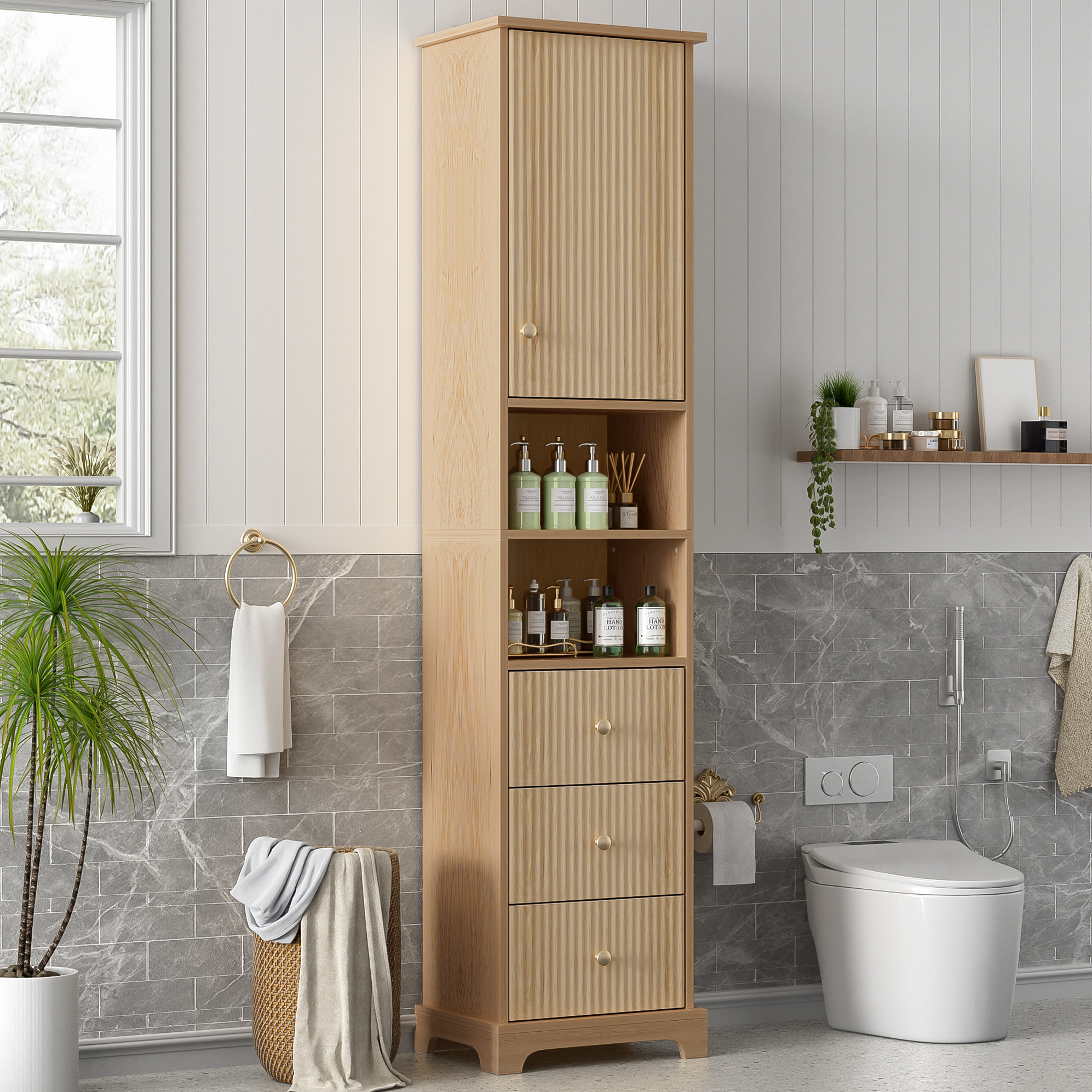 Hoher Badezimmerschrank 40 X 30 X 172 Cm Aus Natürlichem Mdf Havrya