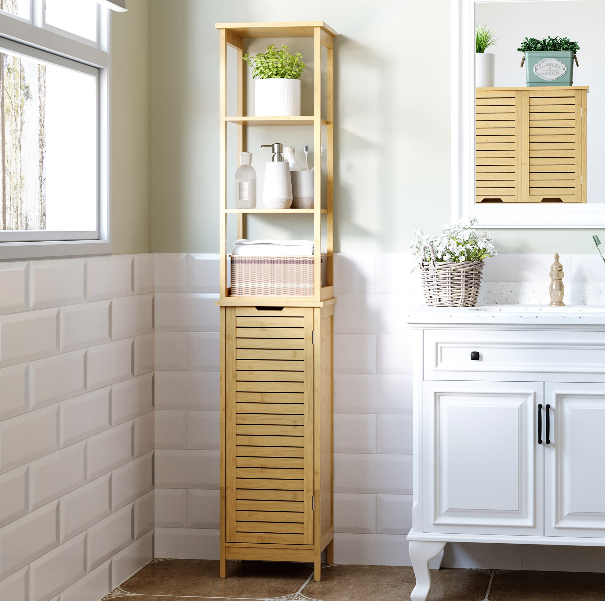 Badezimmerschrank Aus Bambus 34 X 30 X 173 Cm, 3 Fächer, Schrank Havrya