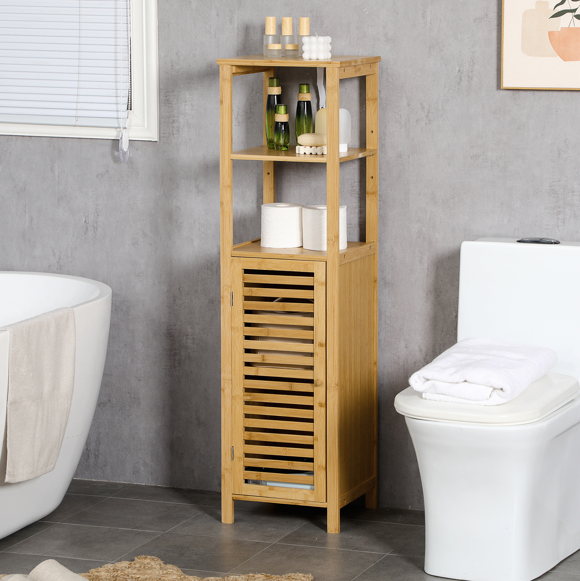 Badezimmermöbel Aus Bambus, 2 Offene Ablagen, 32,9 X 29,9 X 120 Cm Havrya