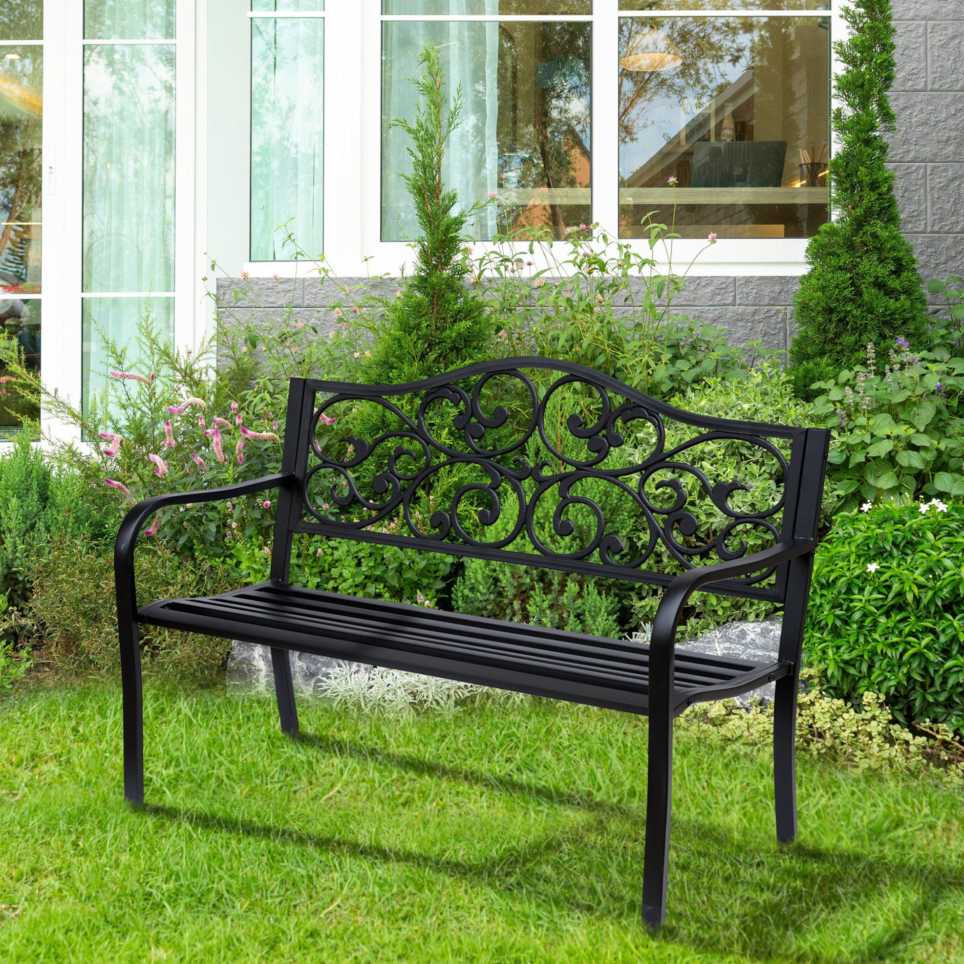 3-sitzer-gartenbank Aus Schwarzem Stahl 127 X 60 X 89 Cm Havrya