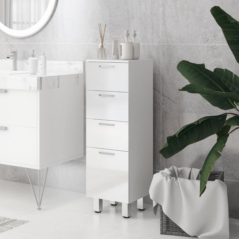 Schmaler Badezimmerschrank 30 X 30 X 93 Cm Mit Verstellbarem Regal Und 4 Schubladen, Weiß