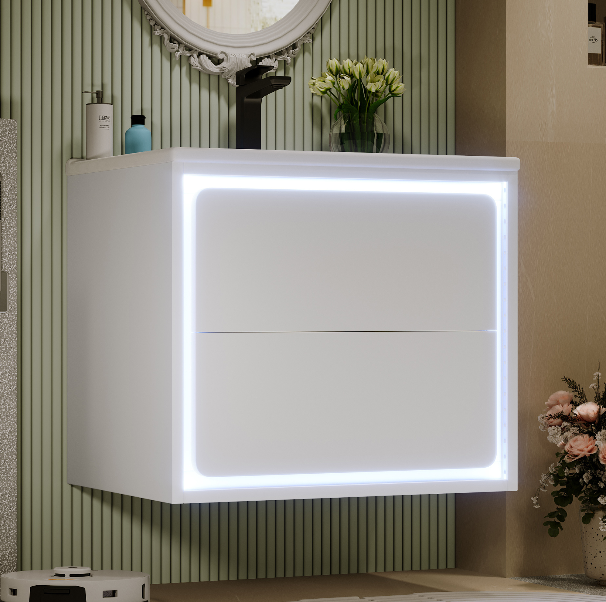 Waschtischunterschrank Wandhängend 60 X 46 X 50 Cm Mit Led-radarsensor, 2 Schubladen, Weiß Havrya