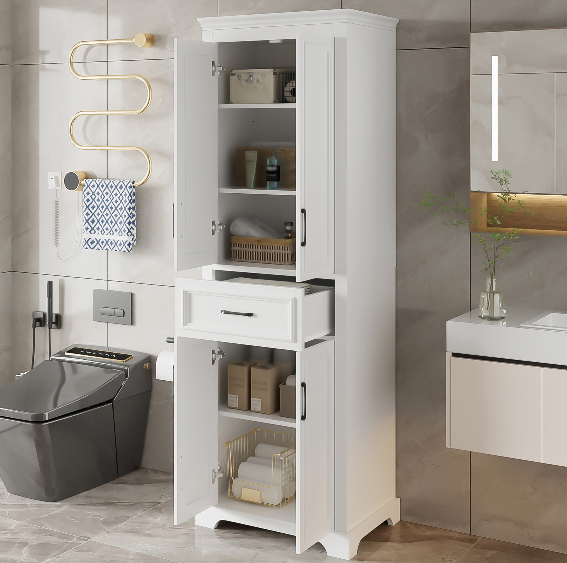 Badezimmer-hochschrank 60 X 40 X 180 Cm Aus Weißem Mdf Mit 2 Türen, 1 Schublade Havrya