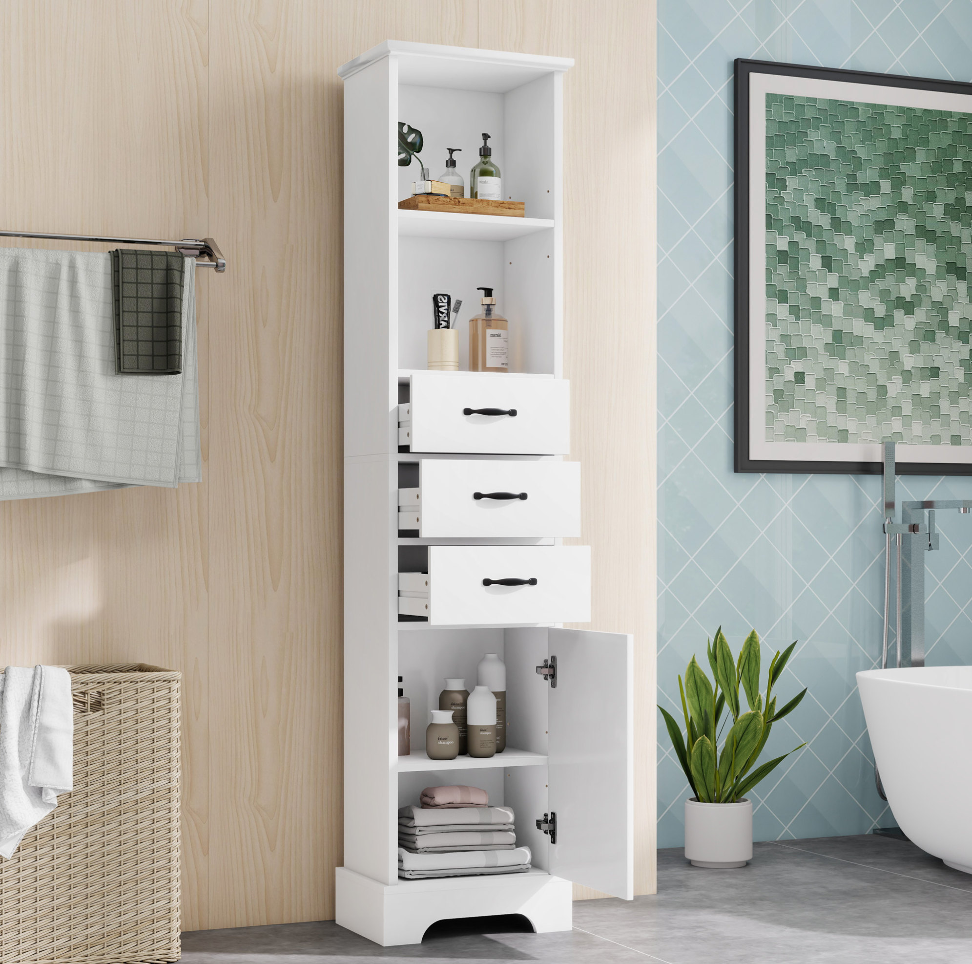 Badezimmerschrank 38 X 26 X 172,5 Cm, 3 Schubladen, Verstellbare Einlegeböden, Weiß Havrya