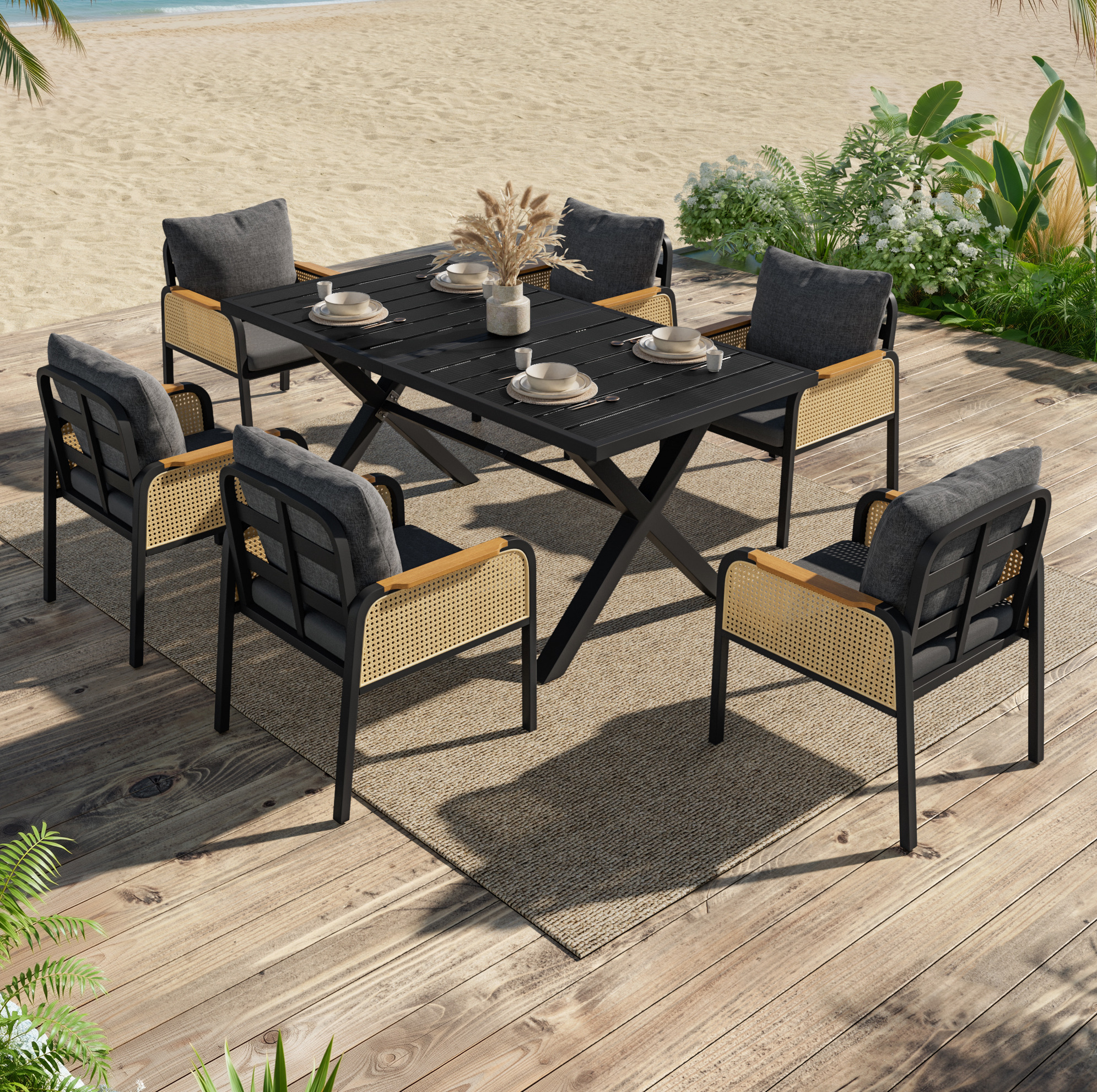 6er Gartenmöbel-set Tisch Und Stühle, 148 X 80 X 75 Cm, Metall/rattan, Schwarz Havrya