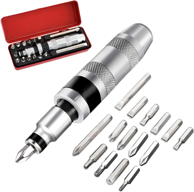 16-teiliges Schlagschrauber-Set, 1/2-Zoll-Handschlagschrauber mit 15 Bohrern (Schlitz, Kreuzschlitz, Sechskant), zum Drehen festsitzender