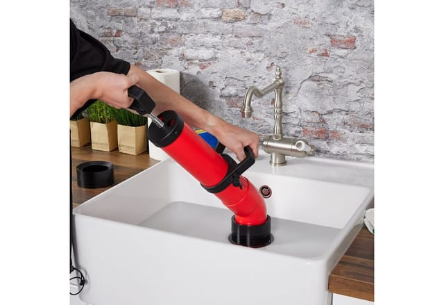 Rohrreinigungspumpe, 2 Aufsätze für Dusche & Waschbecken, Abflussreiniger Druckluft, chemiefrei, schwarz/rot - Relaxdays
