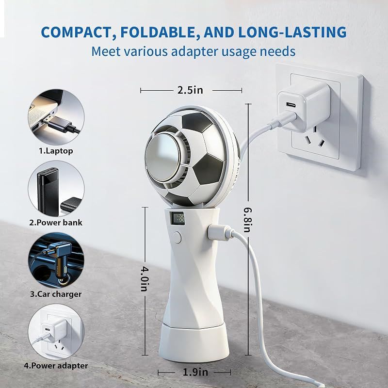Tragbarer, Wiederaufladbarer Ventilator, Outdoor-ventilator, Mit Usb-ladefunktion, Led-anzeige, Einstellbarer Windgeschwindigkeit, Sonderedition Weltmeisterschaft 2026, Geeignet Für Fußballfans, Weiß.