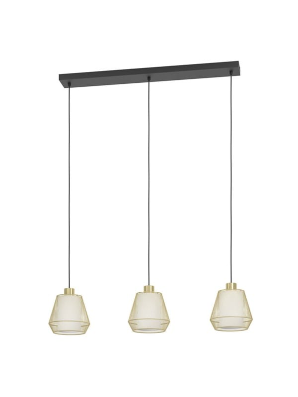 Hängelampe Ciudadela, 3-flammige Pendelleuchte über Esstisch, Esszimmerlampe in Diamantform aus Metall in Messing und Schwarz, Textil in Weiß,
