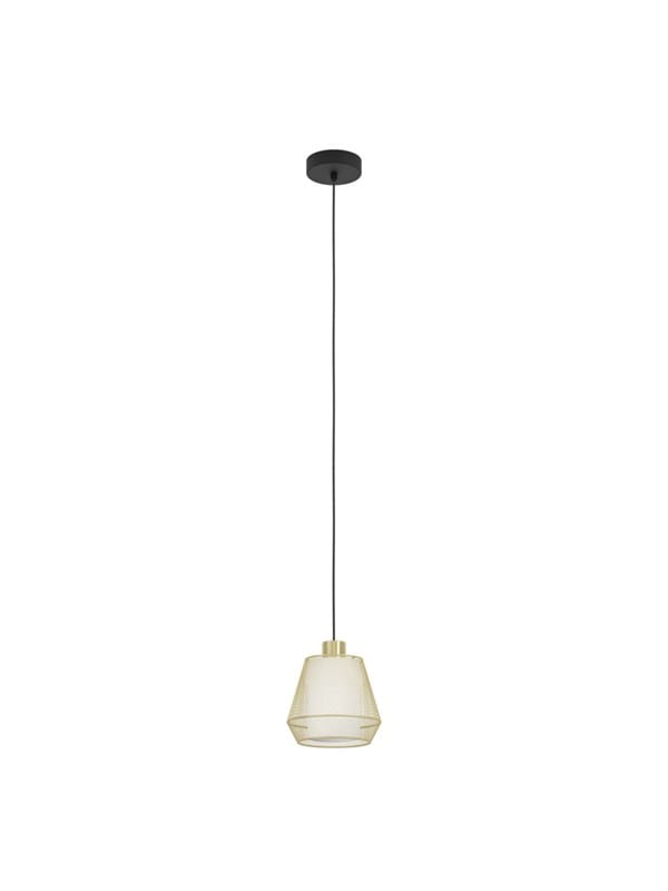 Hängelampe Ciudadela, 1-flammige Pendelleuchte über Esstisch, Esszimmerlampe in Diamantform aus Metall in Messing und Schwarz, Textil in Weiß,