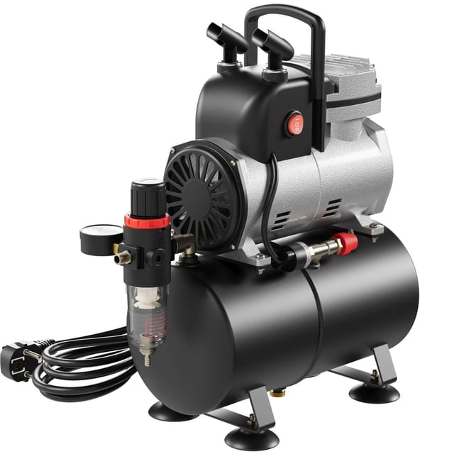 Wiltec - Airbrush Einzylinderkolbenkompressor AF189 mit Lufttank, max. 6 bar Druck, Druckminderer, Wasserabscheider, Manometer, für Modellbau,