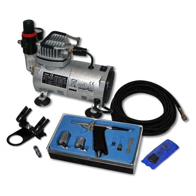 Wiltec Einsteiger Airbrush Kompressor Set AS18-2 mit 1 Airbrushpistole Typ 116 und umfangreichem Zubehör, Drucktank, für Modellbau, Tattoos, Nailart