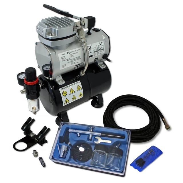 Wiltec Einsteiger Airbrush Kompressor Set AS189 mit 1 Airbrushpistole Typ 128 und umfangreichem Zubehör, 3 l Drucktank, für Modellbau, Tattoos,