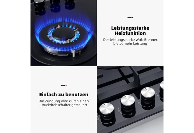 Gasland Eingebaute Erdgas/Butan/Propan-Kochplatte, gehärtetes Glas - GH2805BG1FC - 5 Kochstellen - 10400W