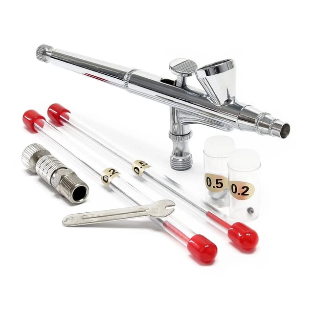 Wiltec - Airbrush Pistole Typ 136T mit Double Action Funktion, Düse ø 0,2-0,5 mm, 1 Farbbecher, Adapter für Modellbau, Nailart usw.