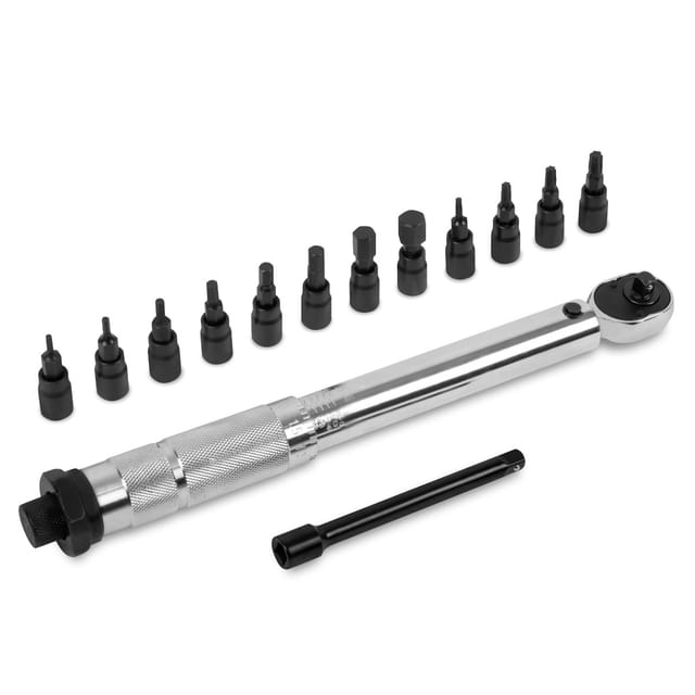 Vonroc - Drehmomentschlüssel - ¼"-Antrieb - 265mm – für 5–25 Nm - Inkl. 12-teiligem Bit-Set (8 x Inbus, 4 x Torx) und 100-mm-Verlängerungsstange