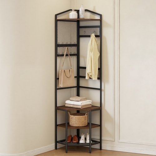 Eckgarderobe (181 Cm Hoch) Mit Haken, Ablagefläche & Stahlrahmen, Garderobenständer Mit Kippsicherung, Verstellbaren Und Rutschfesten Füße, Garderobenregal Für Eingangsbereich Büro Wohnzimmer