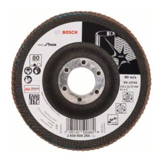 Bosch - Fächerschleifscheibe Best for Inox 115 22,23 80 gewinkelt Glasgewebeteller - 2608608265