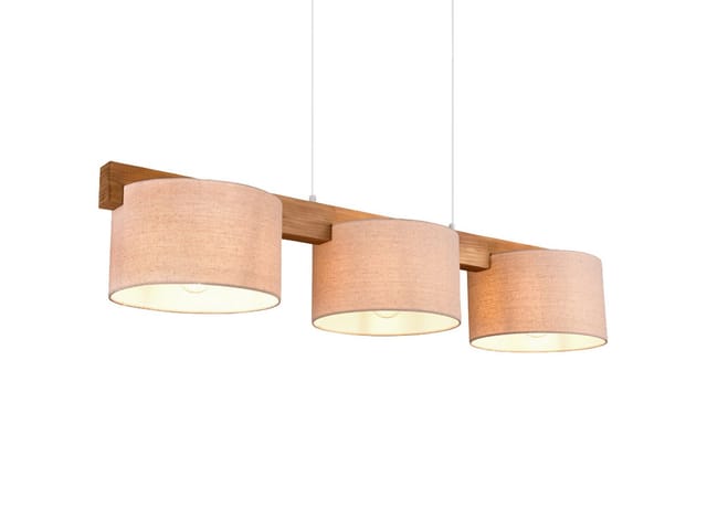Meinewunschleuchte - Pendelleuchte lanat Holzbalken 3-flammig mit Stoffschirmen Beige, Breite 100cm