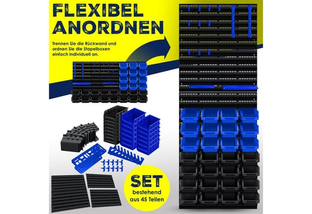 Wandregal + Stapelboxen + Werkzeughalter, 45 tlg. Box, Erweiterbar, Werkstattregal, Lagerregal, Steckregal, Set Box, Sichtlagerkästen,