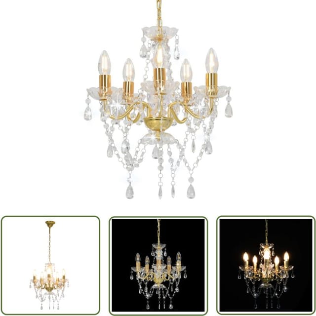 The Living Store Kronleuchter mit Perlen Golden Rund 5×E14 - Kronleuchter - Pendelleuchte - Wohnzimmer Deko - LED Lampe - Designer Lampe