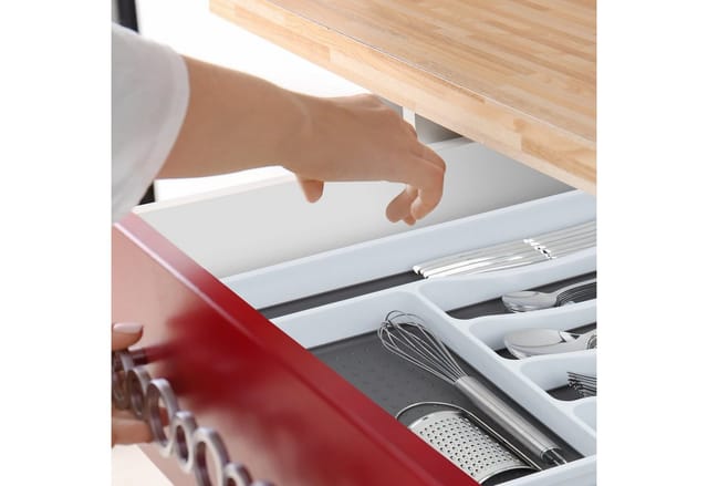 2 x Besteckkasten für Schubladen, Besteckeinsatz für Kochbesteck, Schubladeneinsatz, HxBxT: 4,5 x 33 x 40 cm, weiß/grau
