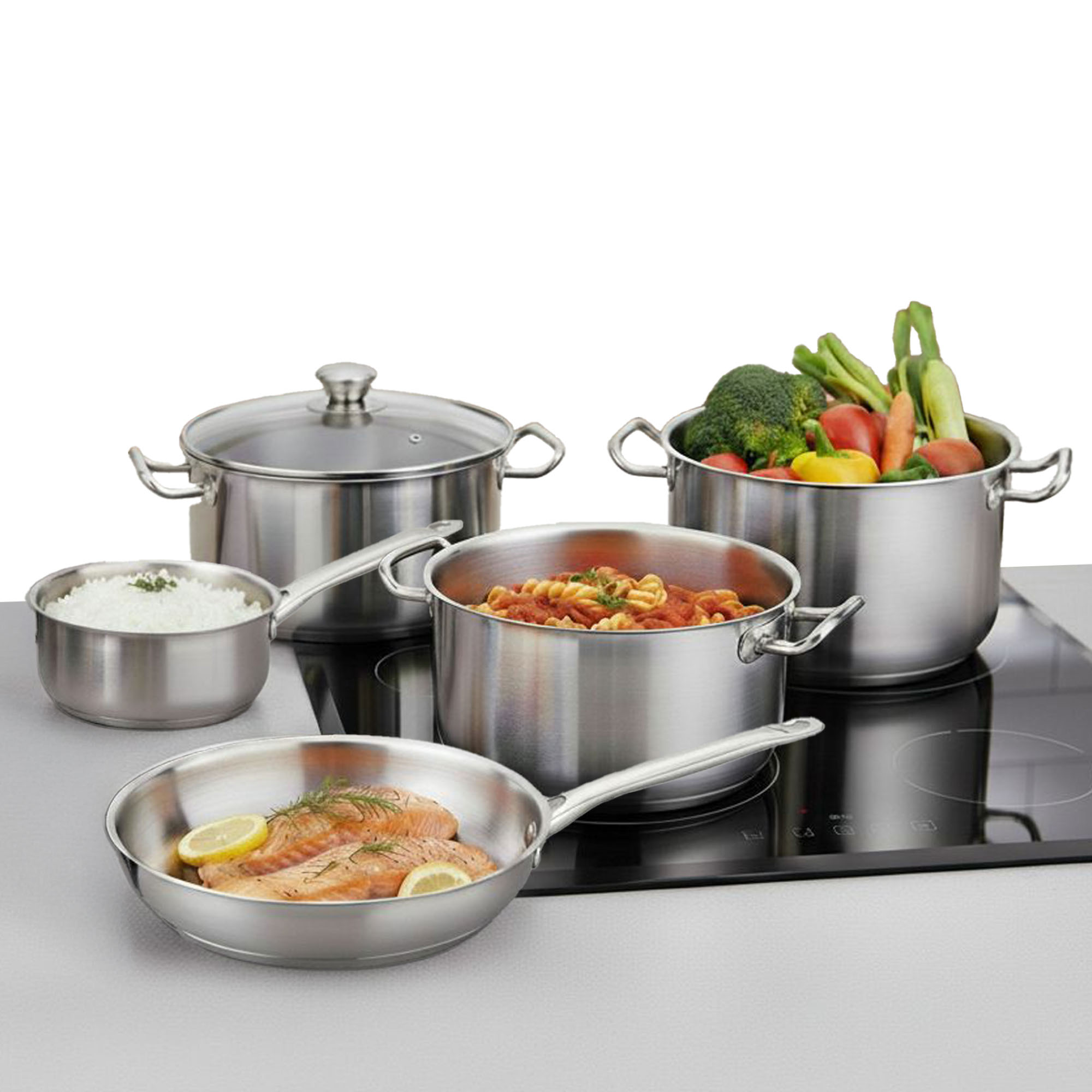 Geschirrset Magichome Chloe, Pfanne 24 Cm, 3x Kochtopf (3l, 4l Und 6,6 L), Stielkasserolle 2l, Mit Glasdeckel, Edelstahl, 9-teilig