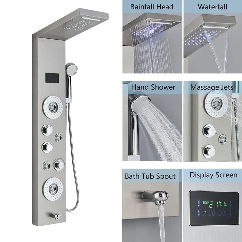 Duschpaneel, Digitalanzeige, Körpermassagedüsen, Gebürstet 8006